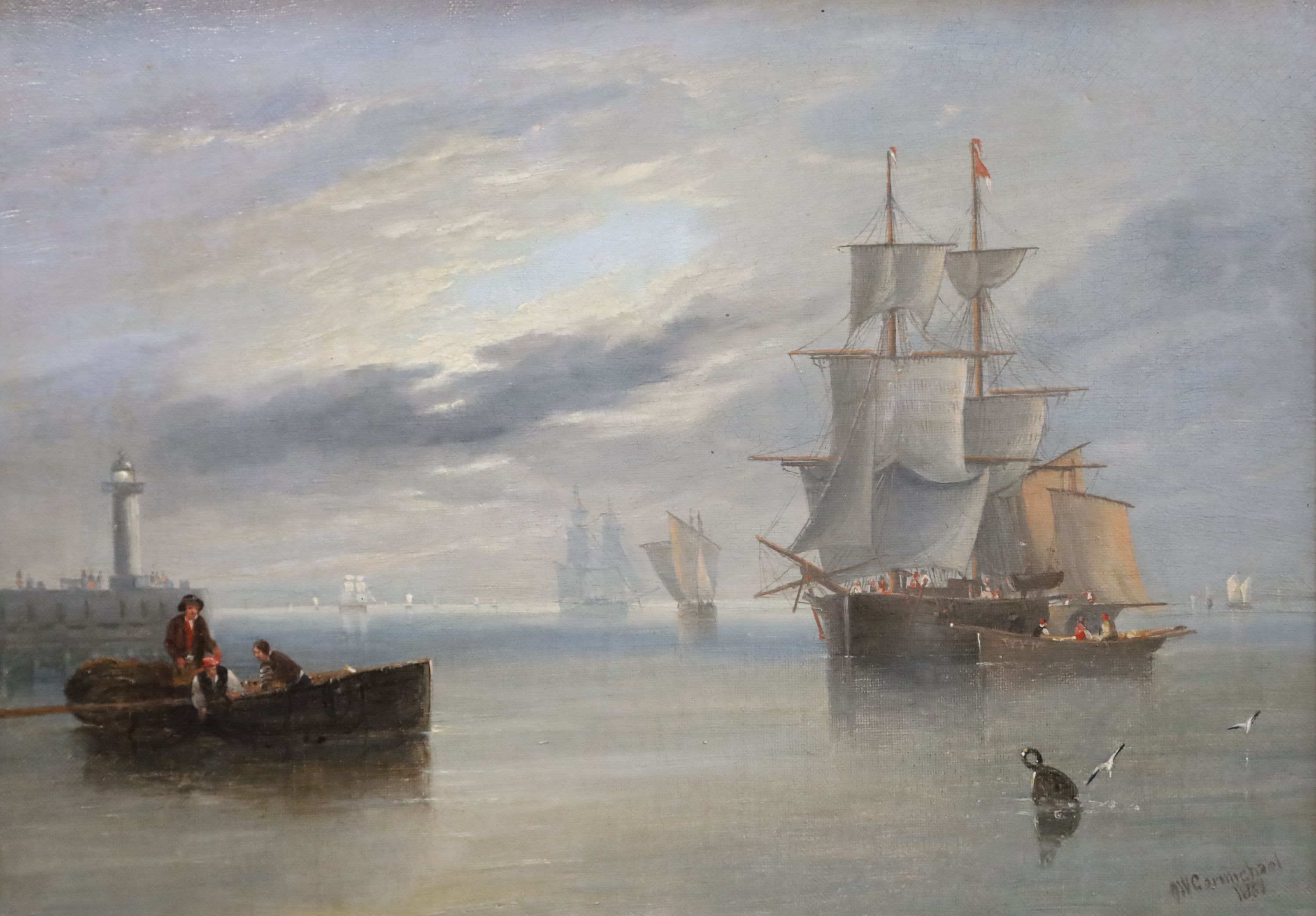 John Wilson Carmichael (1800-1868) Shipping in a calm at the entrance to Whitby harbour 10 x 14in.